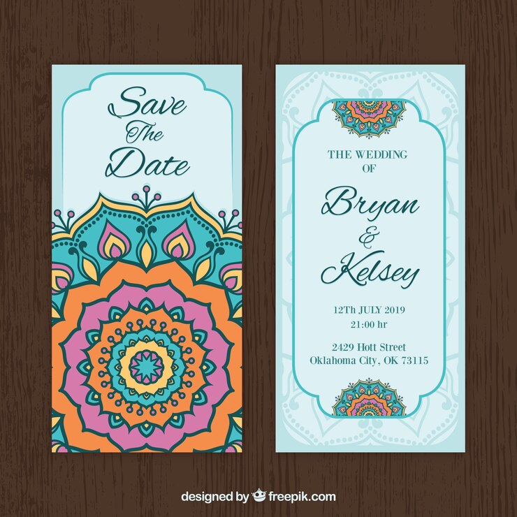 Free Vector lovely wedding invitation template with colorful mandala