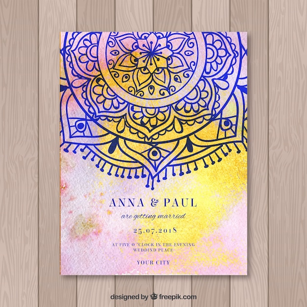 Free vector lovely wedding invitation template with colorful mandala