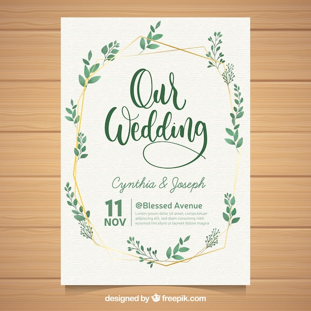 Lovely wedding invitation with watercolor leaves