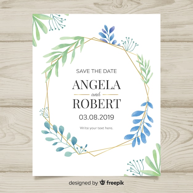 Free vector lovely wedding invitation with watercolor leaves