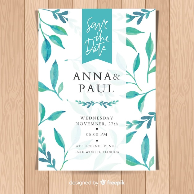 Lovely wedding invitation with watercolor leaves