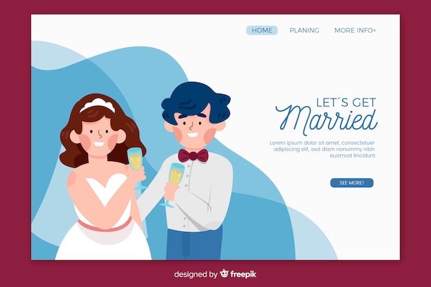 Free vector lovely wedding landing page template with illustrations