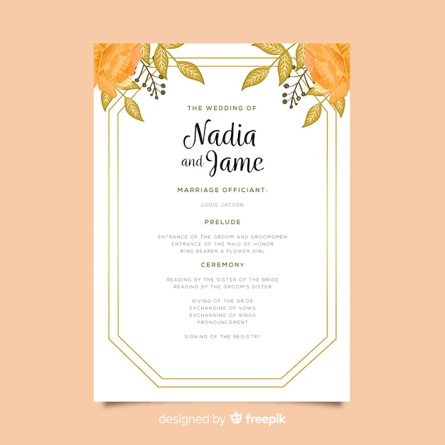 Lovely wedding program with watercolor flowers