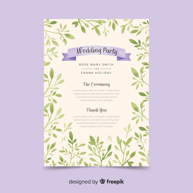 Lovely wedding program with watercolor flowers