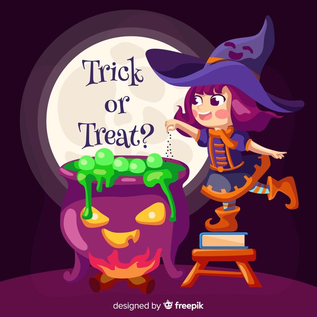 Free vector lovely witch character with flat design