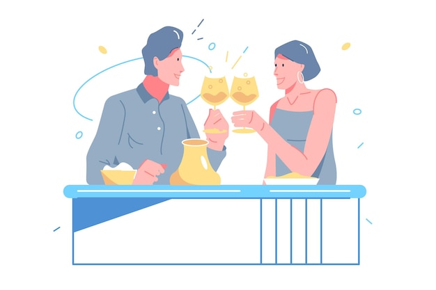 Lover celebrate date in restaurant vector illustration. man and woman raise glass with champagne flat style. valentines day, anniversary, date, romantic dinner concept. isolated on white background Premium Vector