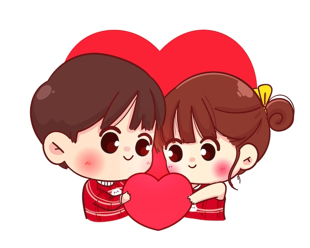 Free vector lovers couple holding read heart together, happy valentine, cartoon character illustration