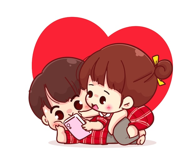 Lovers couple looking at the smartphone together, cartoon character illustration