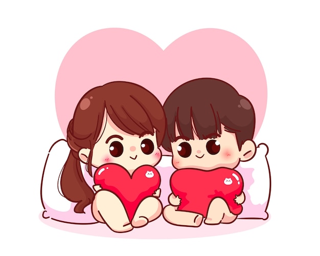 Lovers couple sitting with a pillow heart shaped, happy valentine, cartoon character illustration