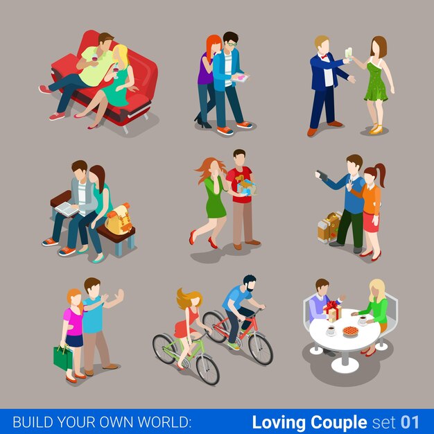 loving couple flat isometric concept set.