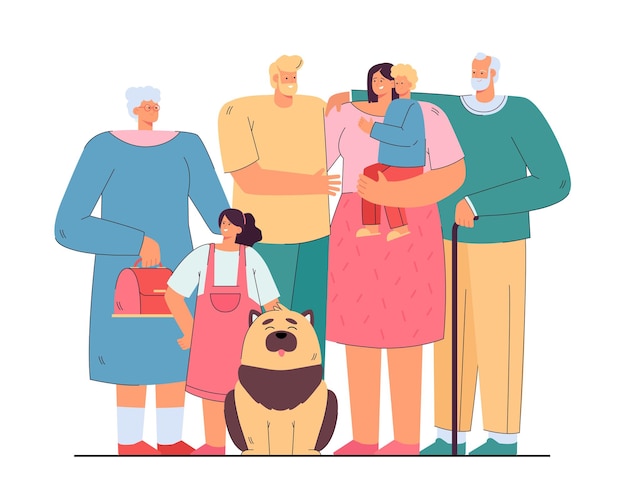 Любящая счастливая большая семья, стоящая вместе, изолировала плоскую иллюстрацию