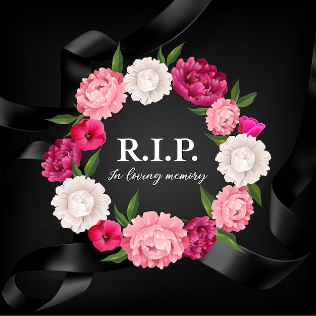 Free vector in loving memory composition with editable ornate text surrounded by funeral wreath on black ribbon background illustration