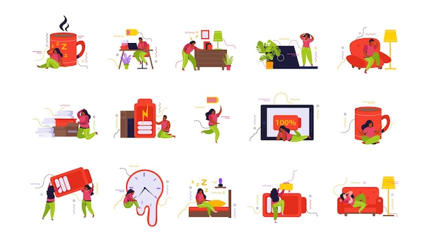 Free vector low energy people set of characters with bad health symptom lying on couch or bed drinking coffee and looking at liquid watches isolated vector illustration