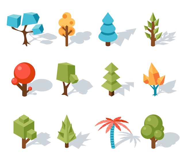 Free vector low poly tree icons, vector isometric 3d. forest and leaf, palm and trunk, colorful foliage, tropical floral