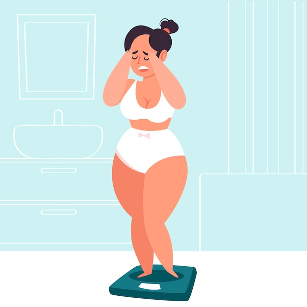 Low self-esteem illustration with woman and scale