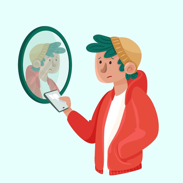 Бесплатное векторное изображение Низкая самооценка с мужчиной и зеркалом