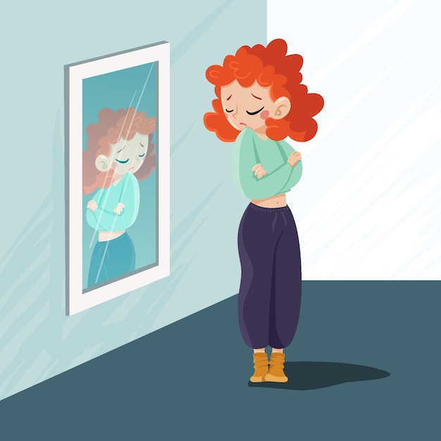 Free vector low self-esteem with woman and mirror