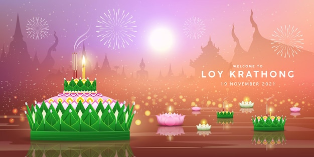 Loy krathong festival at moon night thailand background banner eps10 vector illustration