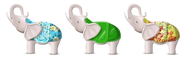 Lucky Elephants with Lifted Up Trunks Free Vector Set on White Background