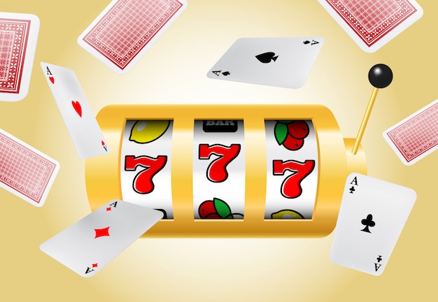 Free vector lucky seven slot machine and flying aces on yellow background.