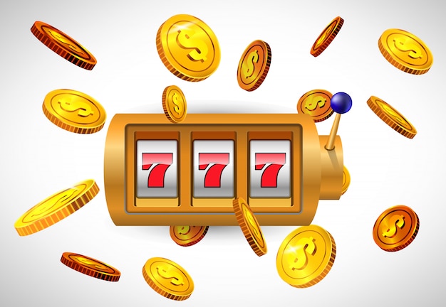 Free vector lucky seven slot machine and flying golden coins. casino business advertising