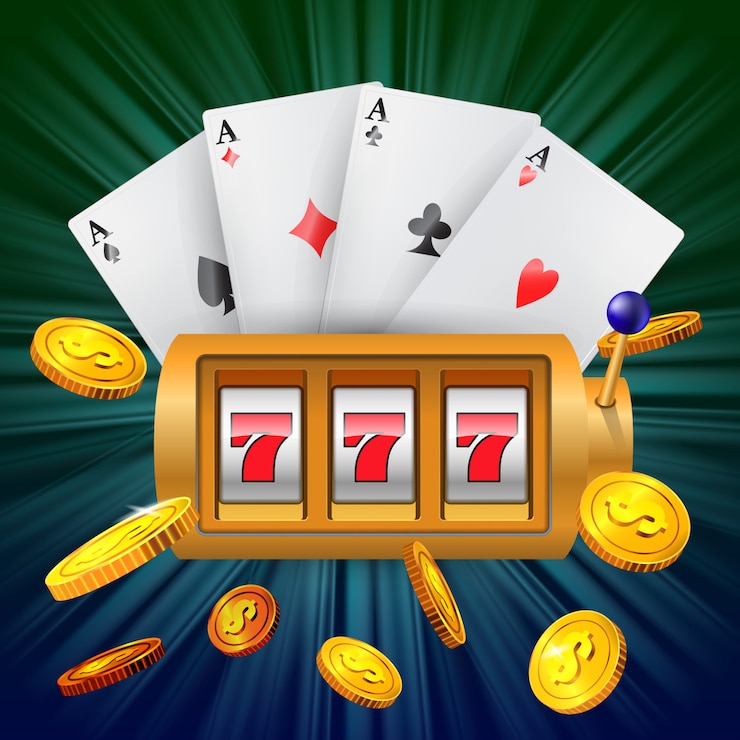 Lucky seven slot machine, four aces and flying golden coins. 