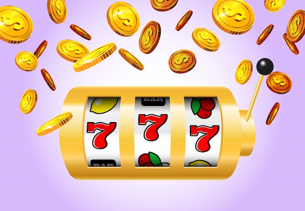 Free vector lucky seven slot machine and golden coins on purple background.