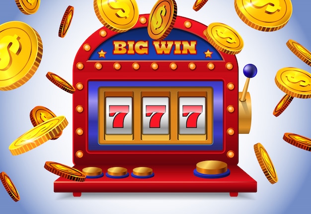 Lucky seven slot machine with big win lettering and flying golden coins. 