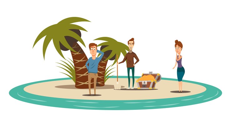 Free Vector lucky situations flat composition of circle island scenery with palms treasure chest and three human characters vector illustration