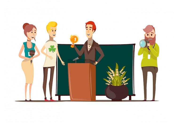 मुफ़्त वेक्टर lucky situations flat composition with prizewinner behind the podium photographer reporter and journalist doodle style characters vector illustration