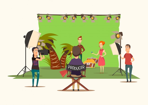 Lucky situations movie shooting composition with film set design imitating treasure island scenery with production unit vector illustration