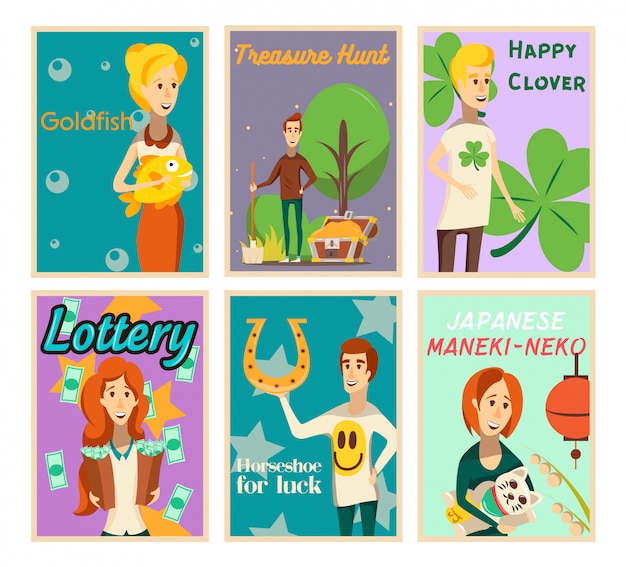 Lucky situations posters collection of flat image compositions with happy human characters and text vector illustration