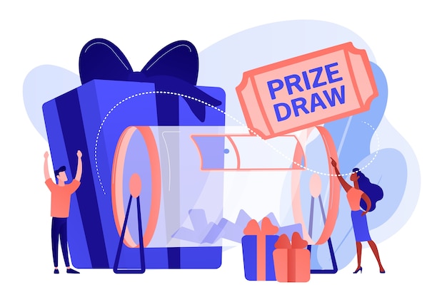 Lucky tiny people turning raffle drum with tickets and winning prize gift boxes. prize draw, online random draw, promotional marketing concept. pinkish coral bluevector isolated illustration