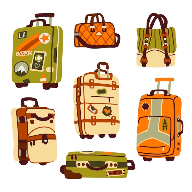 Free vector luggage bags, suitcases and backpack for journey and vacation trip.