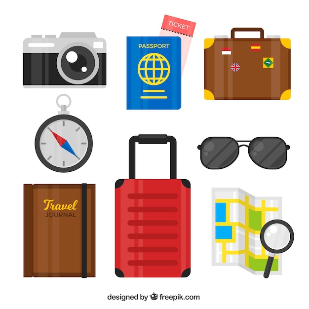 여권 및 기타 여행 용품이 포함 된 수하물 세트