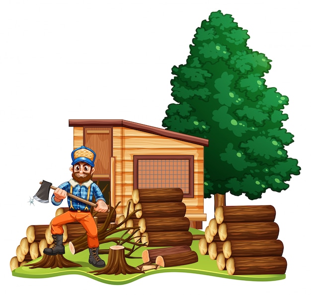 Lumber jack chops woods