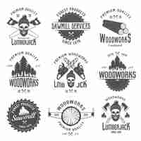 Free vector lumberjack black white emblems with equipment forest products skull in hat with beard isolated