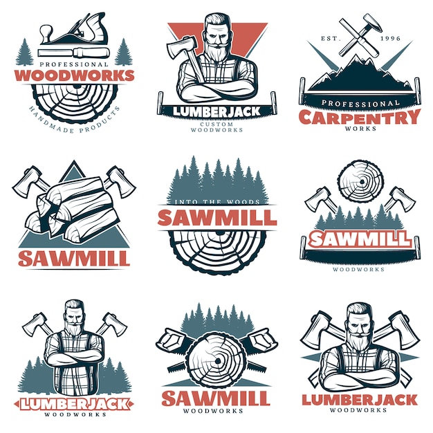 Free vector lumberjack custom woodworks emblems