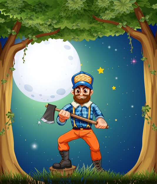 A lumberjack at the forest in the middle of the night