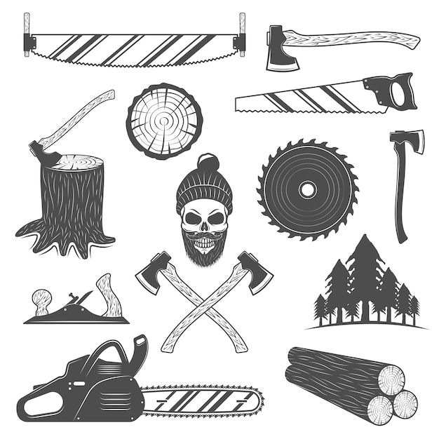 Lumberjack monochrome elements set with working tools round timber spruce forest