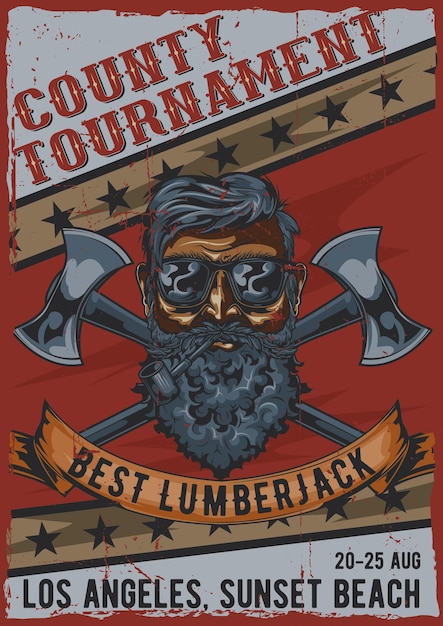 Lumberjack vintage poster design with illustration of bearded man in glasses with two axes