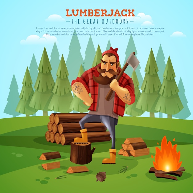 Vettore gratuito lumberjack woodsman outdoors cartoon poster