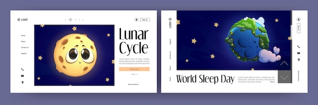 月の周期と世界の眠っている日の漫画の着陸ページ星と宇宙の地球と月のキャラクターと雲と大陸とかわいい青い惑星と宇宙のかわいいルナベクトルウェブバナー