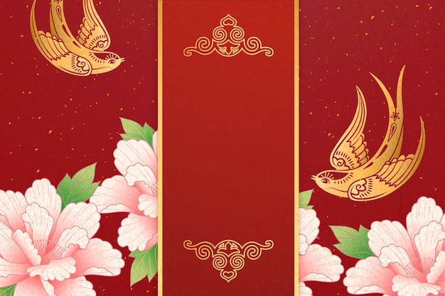 Lunar year design with gold swallow and pink peony flowers