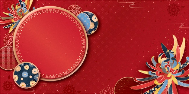 Lunar year greeting banner with chrysanthemum and traditional patterns on red background