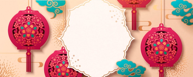 Lunar year paper art style banner with beautiful hanging lanterns in fuchsia, copy space for greeting words