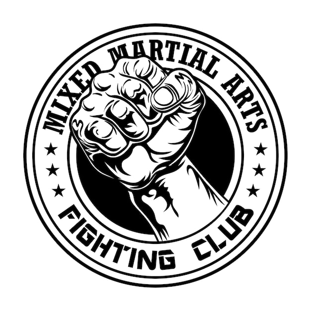 Lute o emblema do clube com o punho. Logotipo do clube de boxe e luta com braço musculoso