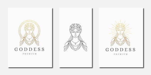 ラインスタイルのロゴアイコンデザインテンプレートを持つ豪華なギリシャの女神の女性 プレミアムベクター