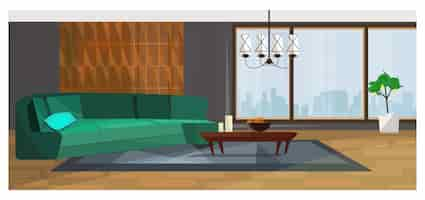 Free vector luxurious living room with panoramic window illustration