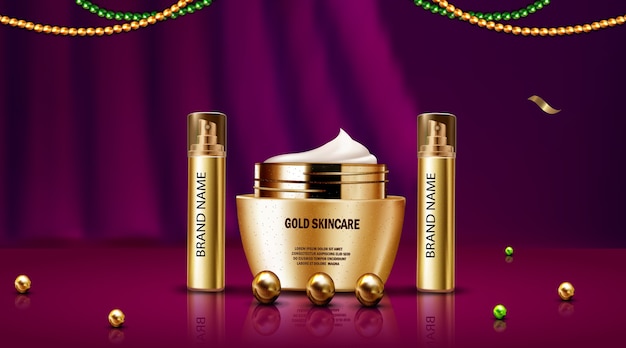 Luxury 3d realistic mock up of bottle gold and gold skincare cosmetic